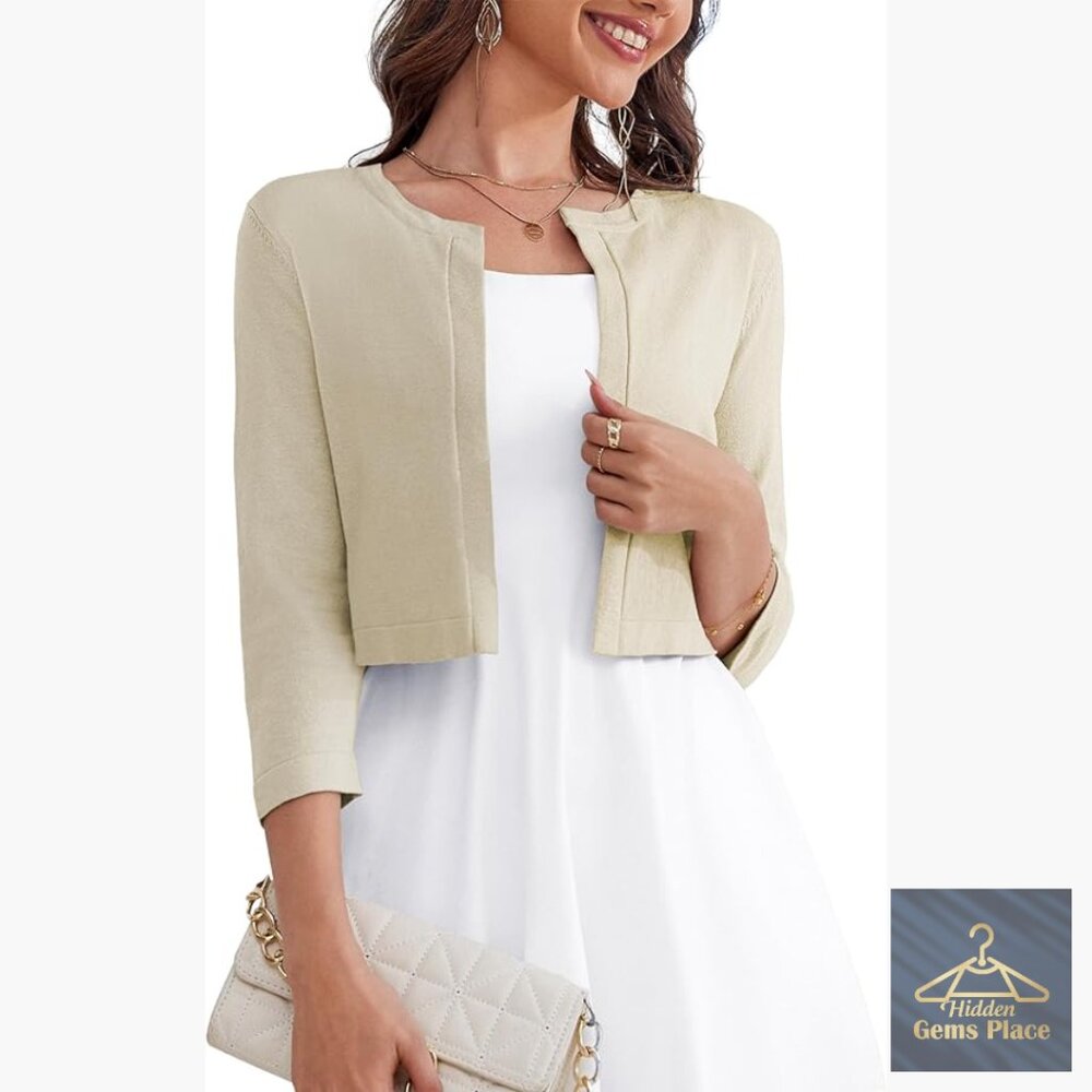 3/4 Sleeve Open Front Cropped Bolero Shrug Cardigan Sweater S-XL